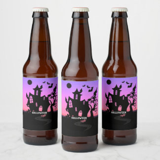 Halloween-Sonnenuntergangs-Nacht-Hexe und Fledermä Bierflaschenetikett