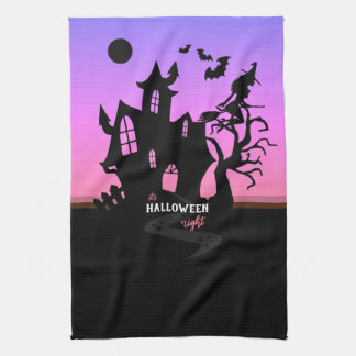 Halloween-Sonnenuntergangs-Nacht-Hexe und Fledermä Geschirrtuch