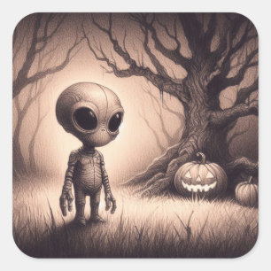 Halloween Space Alien mit Pumpkin Quadratischer Aufkleber