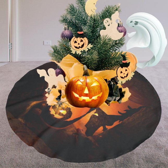 Halloween Spaß mit Pumpkins, Geist und Hexen Polyester Weihnachtsbaumdecke (Halloween Fun with Pumpkins, Ghost & Witches Brushed Polyester Tree Skirt)