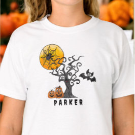 Halloween Spider Bat Spooky Tree Pumpkins Name T-Shirt