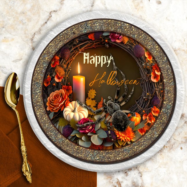 Halloween-Spider Pappteller (Festive Halloween paper plates featuring a floral wreath with candle and pumpkin and a big spider)