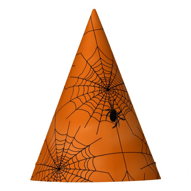 Halloween Spider Web mit Spider auf Orange Partyhütchen (Vorderseite)