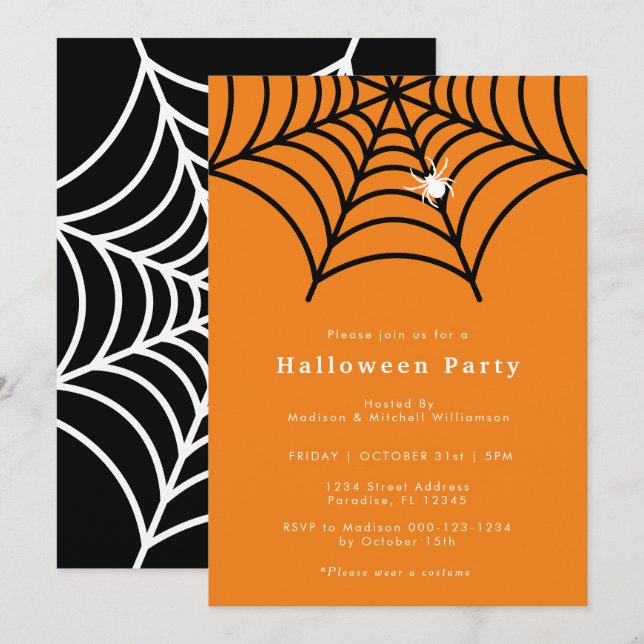 Halloween Spider Web Spooky Modernes Orange Party Einladung (Vorne/Hinten)
