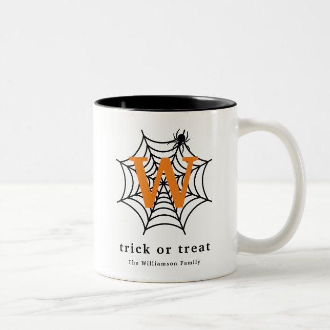 Halloween Spider Web Trick oder Treat Monogram Zweifarbige Tasse (Rechts)