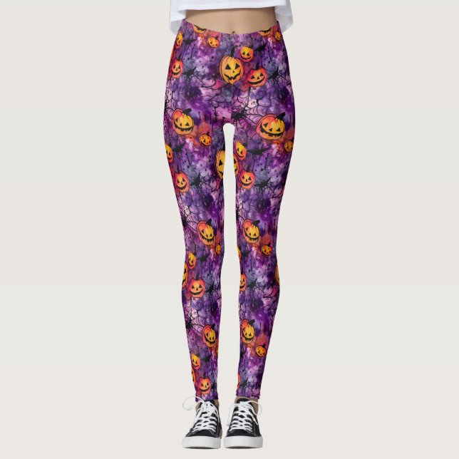 Halloween Spider Web und Kürbislaterne Leggings (Vorderseite)