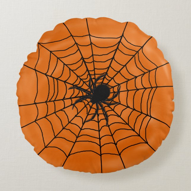 Halloween Spiders Web mit Spider auf Orange Rundes Kissen (Vorderseite)