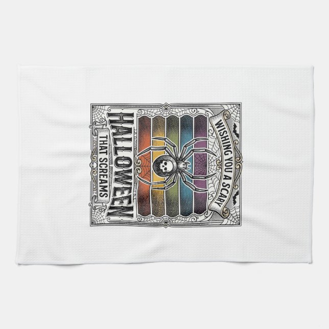 Halloween-Spinne Gruselige Retro-Gravur Regenbogen Geschirrtuch (Horizontal)