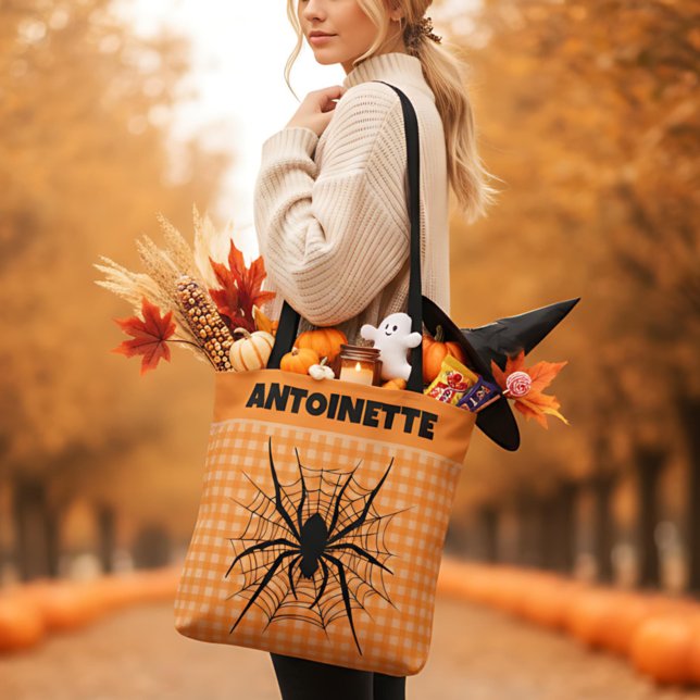 Halloween-Spinne in Spinnwebe Orange Gingham Karo (Von Creator hochgeladen)