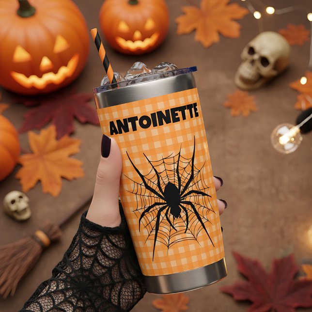 Halloween-Spinne in Spinnweben Orange Gingham Karo Thermobecher (Von Creator hochgeladen)