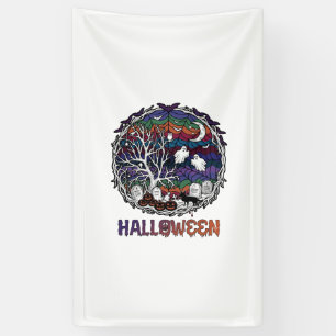Halloween Spinnennetz Baum Geister Kürbisse Grabst Banner