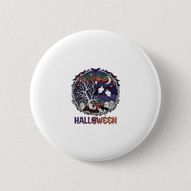 Halloween Spinnennetz Baum Geister Kürbisse Grabst Button (Vorderseite)