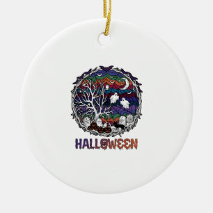 Halloween Spinnennetz Baum Geister Kürbisse Grabst Keramik Ornament