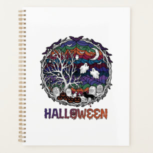 Halloween Spinnennetz Baum Geister Kürbisse Grabst Planer