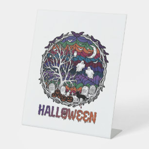 Halloween Spinnennetz Baum Geister Kürbisse Grabst Sockelschild