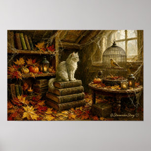 Halloween Spinnennetz Dachboden Graue Katze Wandku Poster