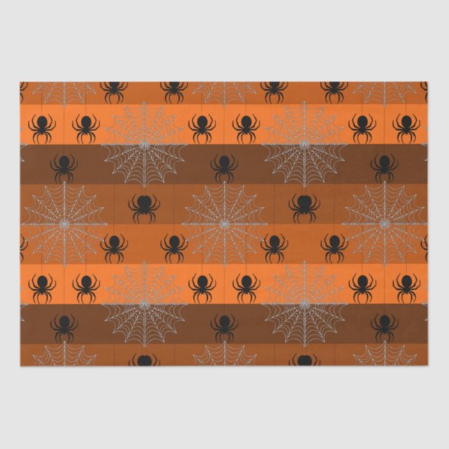 Halloween Spinnennetze mit Spinnen auf Orange. Seidenpapier (Vorderseite)