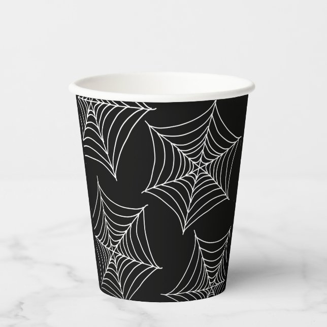 Halloween Spinnennetze schwarz Pappbecher (Vorderseite)