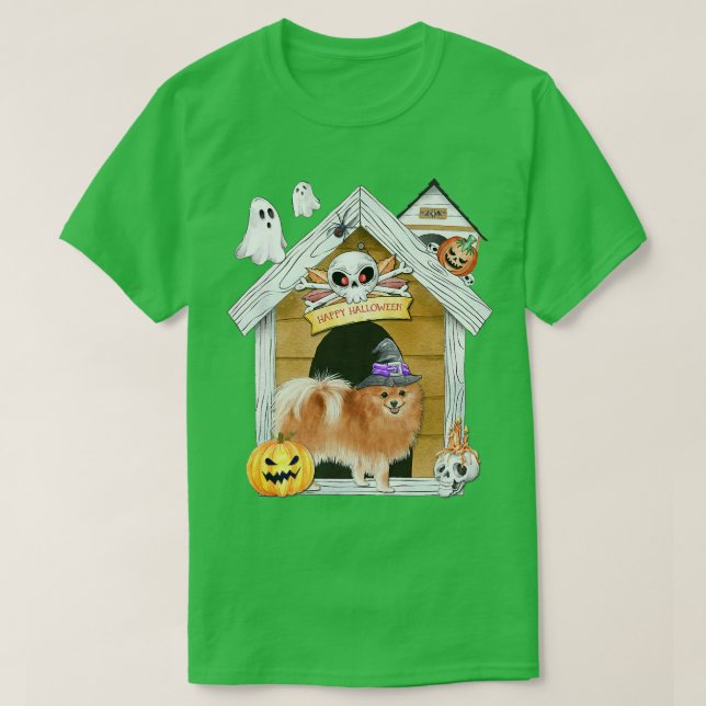 Halloween Spitz Dog Hexe Spuk Haus T-Shirt (Design vorne)