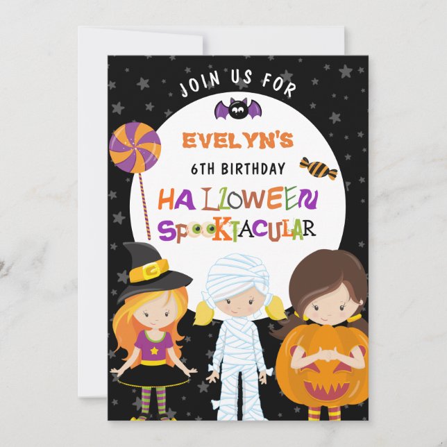 Halloween Spooktacular Girls 6. Geburtstag Einladung (Vorderseite)
