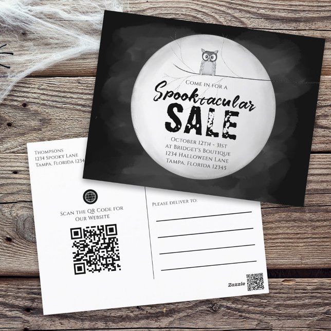 Halloween Spooktacular Sale Owl QR Code Website Postkarte (Von Creator hochgeladen)