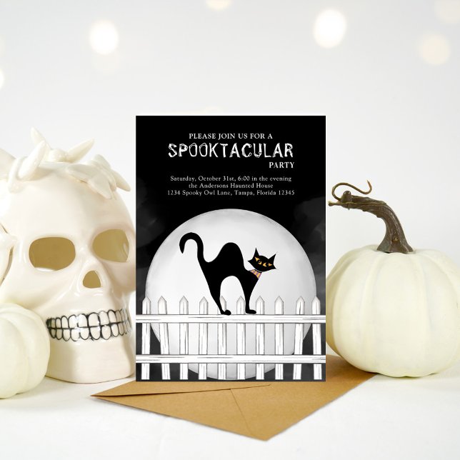 Halloween Spooktacular Spookular Black Cat Einladung (Halloween spooktacular invitation with whimsical black cat. )