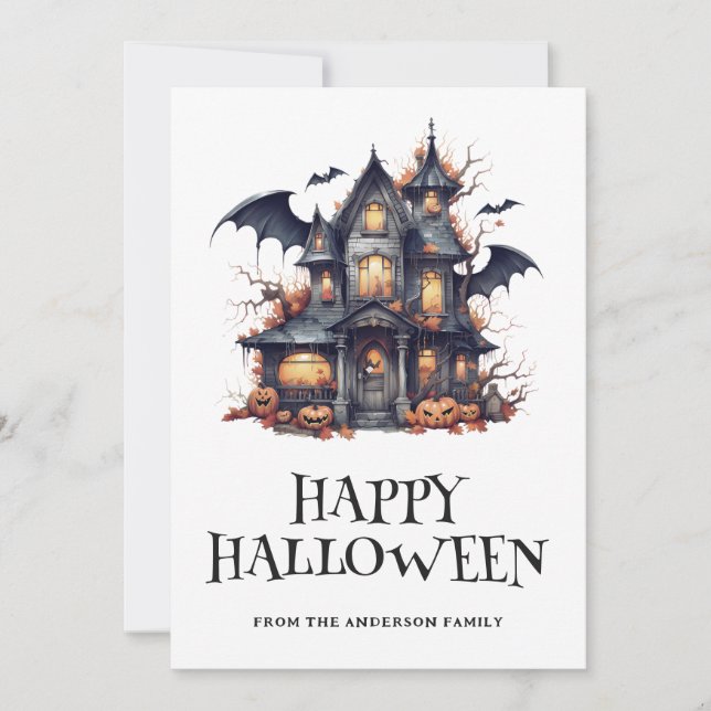 Halloween Spooky Bat Spuk House Pumpkins Card Feiertagskarte (Vorderseite)