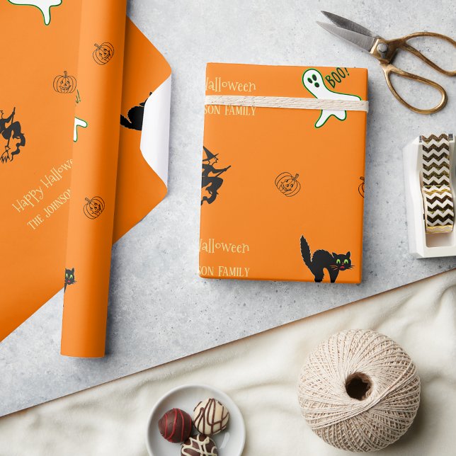 Halloween Spooky Cat Ghost Witch Benutzerdefiniert Geschenkpapier (Halloween Spooky Cat Ghost Witch Fun Custom Text Wrapping Paper)
