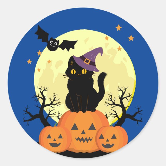 Halloween Spooky Cat Witch Jack-o-Laternen Runder Aufkleber (Vorderseite)