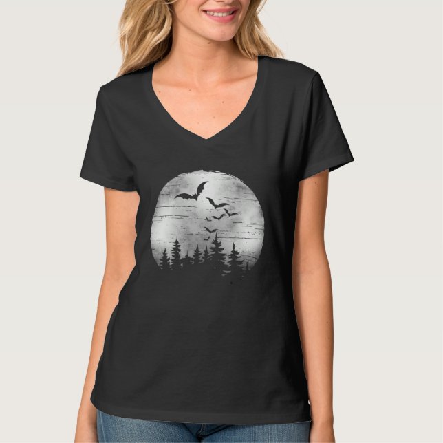 Halloween Spooky Full Moon The Woods & Bats T-Shirt (Vorderseite)