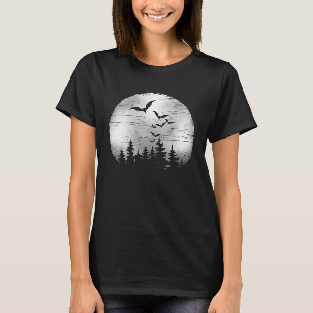 Halloween Spooky Full Moon The Woods & Bats T-Shirt (Vorderseite)