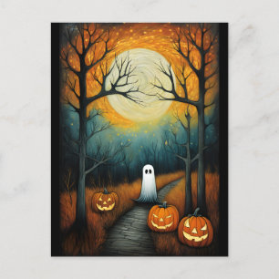 Halloween Spooky Ghost & Full Moon Creepy Pumpkin Postkarte
