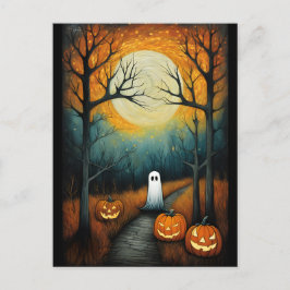 Halloween Spooky Ghost & Full Moon Creepy Pumpkin Postkarte