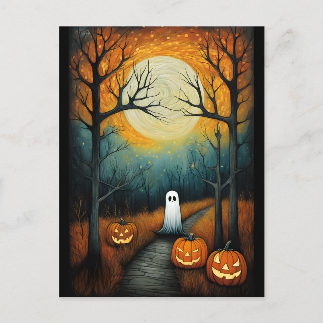 Halloween Spooky Ghost & Full Moon Creepy Pumpkin Postkarte (Vorderseite)