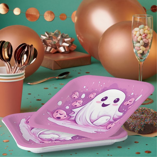 Halloween Spooky Ghost Niedlich Pink Pappteller (Multi)