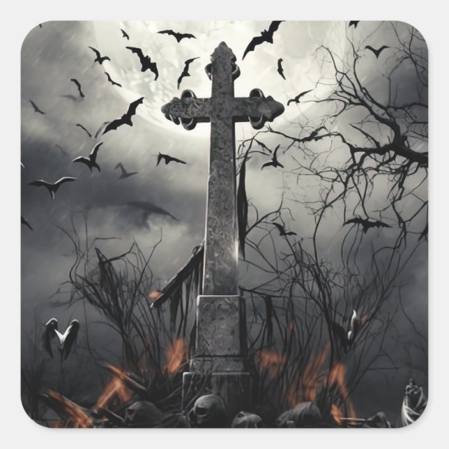 Halloween Spooky Graveyard Friedhof Gothic Quadratischer Aufkleber (Vorderseite)