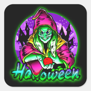 Halloween Spooky Green Hexe Magic Hat Apple Quadratischer Aufkleber