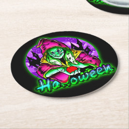 Halloween Spooky Green Hexe Magic Hat Apple Runder Pappuntersetzer