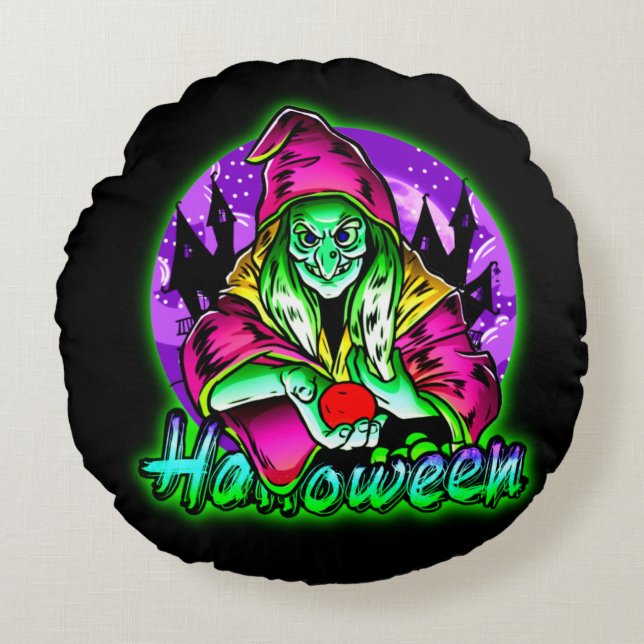 Halloween Spooky Green Hexe Magic Hat Apple Rundes Kissen (Vorderseite)