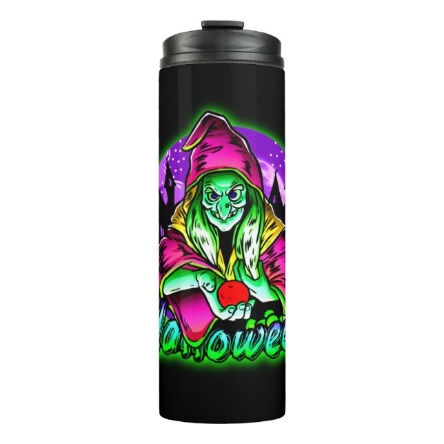 Halloween Spooky Green Hexe Magic Hat Apple Thermosbecher (Vorderseite)