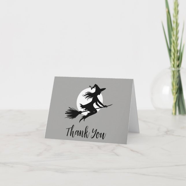 Halloween Spooky Hexe, die über einen Vollmond fli Dankeskarte (Vorderseite)
