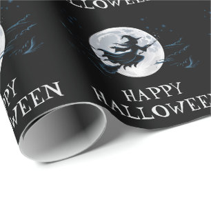Halloween Spooky Hexe, die über einen Vollmond fli Geschenkpapier