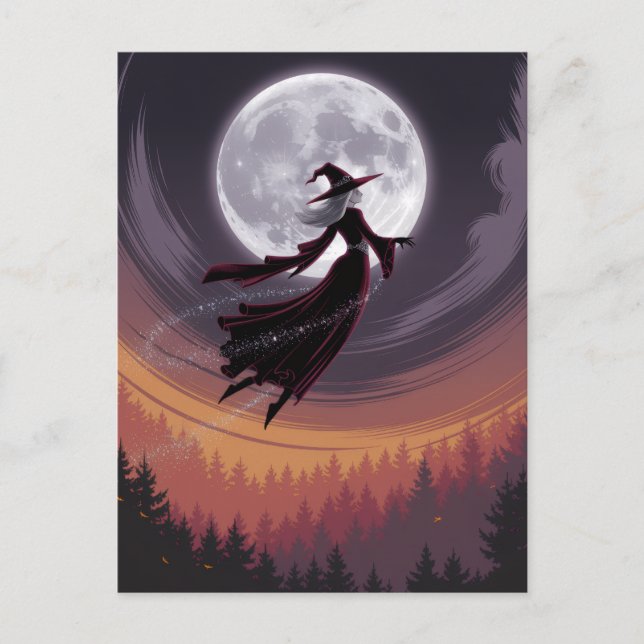 Halloween Spooky Hexe, die über einen Vollmond fli Postkarte (Vorderseite)