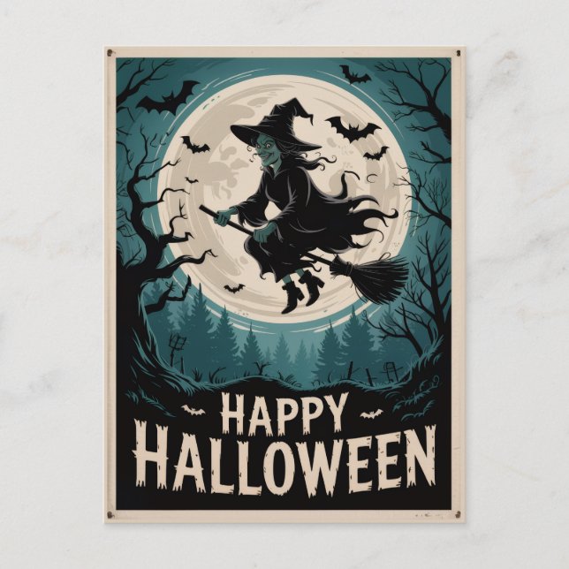 Halloween Spooky Hexe, die über einen Vollmond fli Postkarte (Vorderseite)
