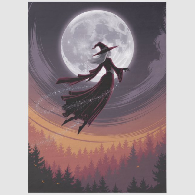 Halloween Spooky Hexe, die über einen Vollmond fli Seidenpapier (Vorderseite)