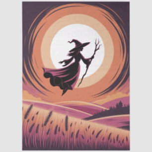 Halloween Spooky Hexe, die über einen Vollmond fli Seidenpapier