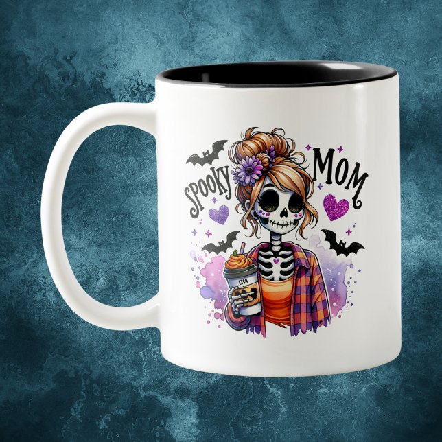 Halloween Spooky Mama Skeleton Messy Bun Custom Zweifarbige Tasse (Von Creator hochgeladen)