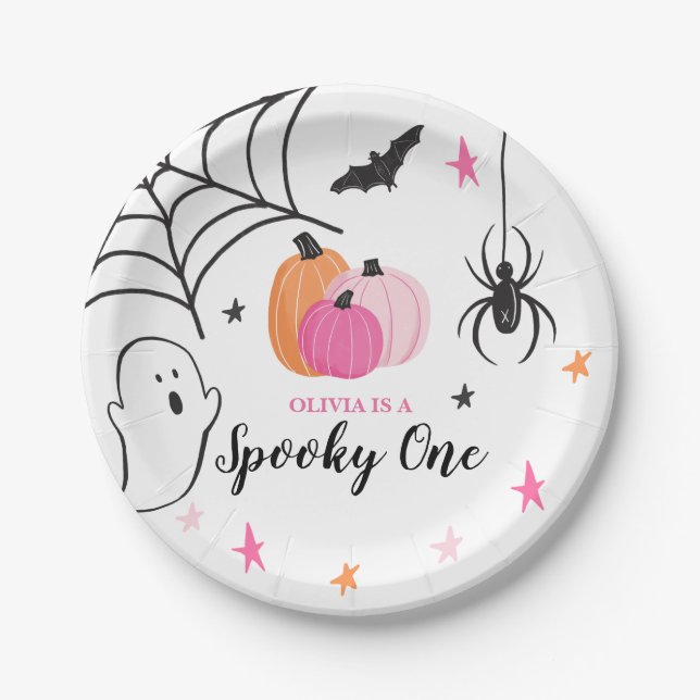 Halloween Spooky One Birthday Pink Pumpkins Pappteller (Vorderseite)
