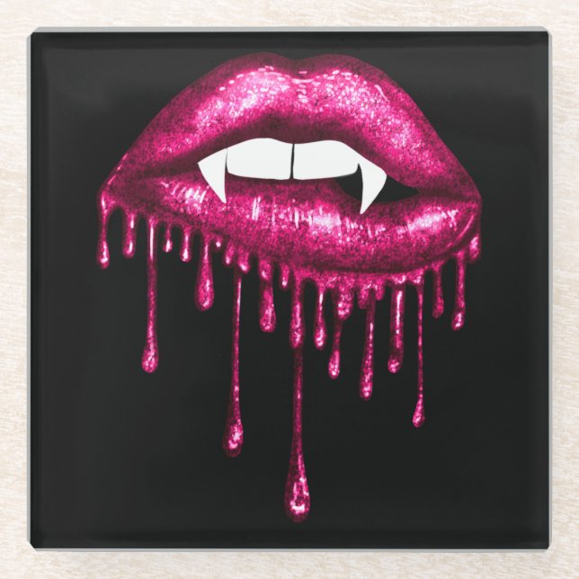 HALLOWEEN SPOOKY PINK DRIPPING VAMPIRE LIPS GLASUNTERSETZER (Vorderseite)