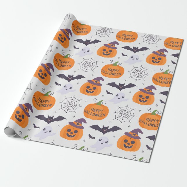 Halloween Spooky Pumpkin Bats Ghost Pattern Geschenkpapier (Ungerollt)